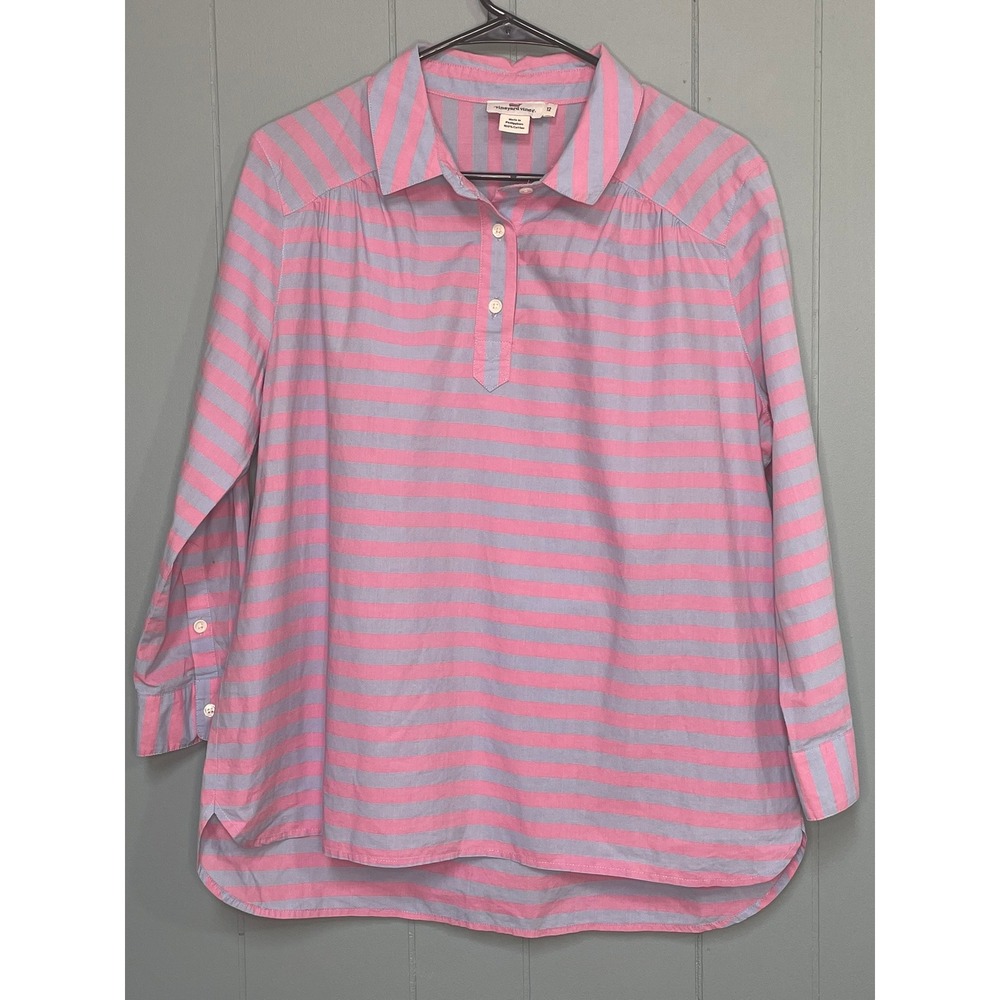 Vineyard Vines Striped Button Up Shirt Women Size 12‎ Pink Gray Long Sleeve